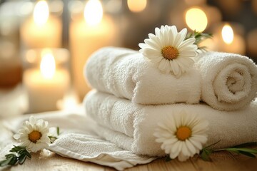 Aufkleber - Soft white towels placed elegantly with daisies and glowing candles for a serene spa atmosphere