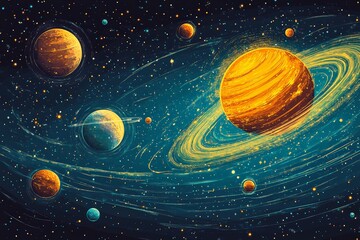 Aufkleber - Colorful representation of planets and rings in a vibrant cosmic scene filled with stars