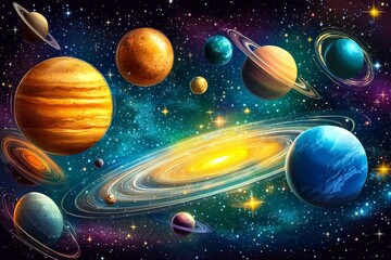 Poster - Colorful depiction of planets and galaxies in a vibrant cosmic landscape