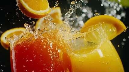 Wall Mural - Close-up view of orange slices falling into glasses of juice, with dynamic splash and water droplets