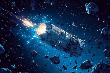 Poster - Rocket module navigates through an asteroid field, showcasing advanced space technology and thrilling dynamics of outer space exploration