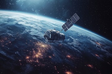 Poster - Satellite travels over Earth in the blackness of space showcasing city lights at night