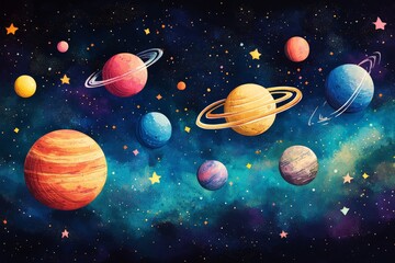 Poster - Colorful depiction of planets in outer space showing various celestial bodies and starry backdrop at night