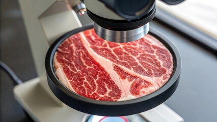 Poster - laboratory microscope analyzing a sample of raw meat placed on a petri dish, exploring textures and 