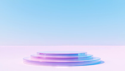 Poster - Minimalist pastel podium with soft pink and blue lighting, holographic empty showcase platform for product display