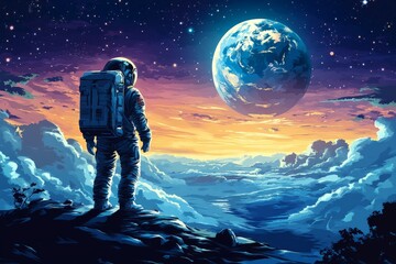 Poster - Astronaut gazes at Earth from a distant planet during a stunning sunset