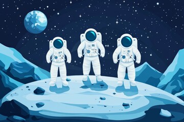 Poster - Exploration on a distant moon with astronauts surrounded by stars and a planet in the background