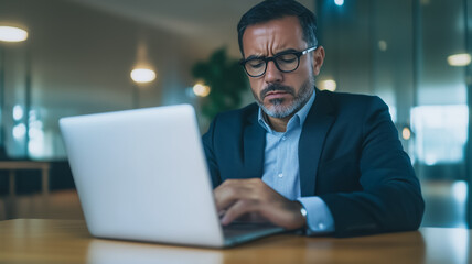 Poster - Focused Businessman: A serious, middle-aged businessman concentrates intently on his laptop, his expression conveying deep focus and professionalism in a modern office setting. 