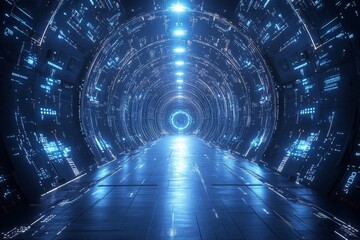 Poster - Futuristic tunnel with glowing lights and digital patterns in a high-tech environment
