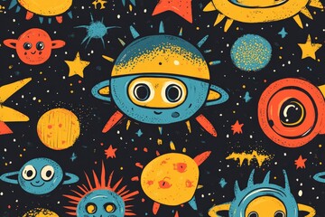 Aufkleber - Colorful cartoon space characters floating among stars and planets with a dark background creating a whimsical cosmic atmosphere