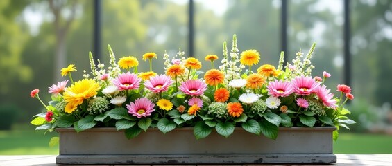 Wall Mural - A vibrant arrangement of pink, yellow, and white flowers in a gray planter