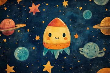Aufkleber - Cute rocket ship drifting through a colorful space filled with planets and stars