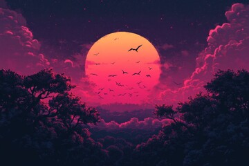 Poster - Bright orange sunset over a silhouette of trees and birds flying in a colorful sky at twilight