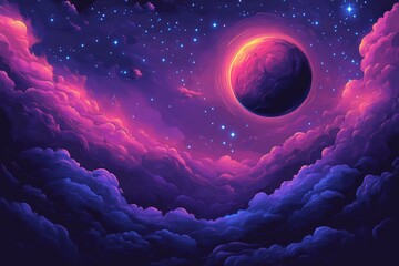 Aufkleber - Vibrant cosmic landscape showcasing a colorful planet amidst swirling clouds under a starry sky at night