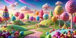 © Praphunsak - Colorful Candy Land landscape with rolling hills and lollipop forests in the background, gumdrop trees, fantasy landscape
