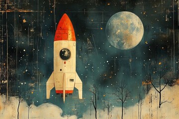 Poster - Rocket launching towards the moon in a starry night sky with silhouetted trees and clouds