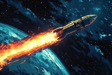 Poster - Rocket launches from planet's surface into the depths of space with flames trailing behind