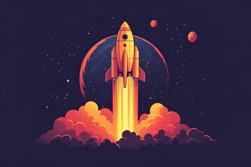 Poster - Rocket launch against a cosmic backdrop with vibrant colors and planets in the night sky