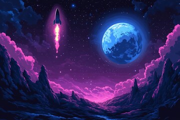 Aufkleber - Rocket launches into a vibrant cosmos filled with stars and a glowing moon above a surreal landscape