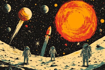 Aufkleber - Space exploration with astronauts, a rocket launch, and celestial bodies in a vivid cosmic landscape