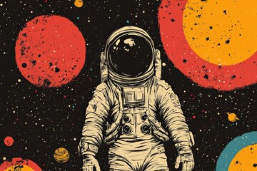 Poster - Astronaut exploring vibrant cosmic landscape with planets and bright colors in deep space