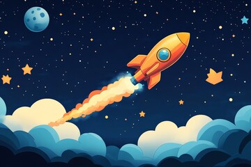 Poster - Rocket launches into the night sky, leaving a trail of flames and smoke amidst stars and planets above