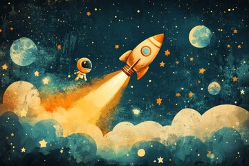 Poster - Rocket launches into space with an astronaut floating nearby among stars and planets at night