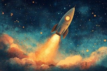 Poster - Rocket launches into a vibrant night sky filled with colorful stars and cosmic clouds