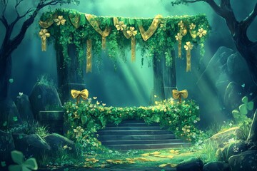 Poster - Enchanted garden altar adorned with ivy and ribbons in a mystical forest at dawn