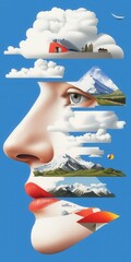 Poster - Optical illusions illustrations of nature and architecture vibrant blue background conceptual art dreamy environment creative perspective