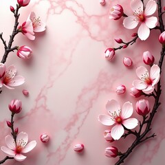 Wall Mural - Delicate pink cherry blossoms on a branch, set against a soft pink background