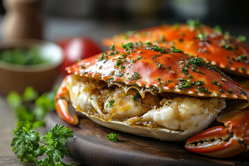 A close-up of two cooked crabs garnished with herbs on a wooden platter. The crabs are vibrant orange with a crispy texture, showcasing their meat. 