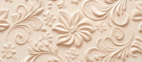 Wall Mural - Floral embossed pattern design with intricate textures and curves on a light beige background with Copy Space