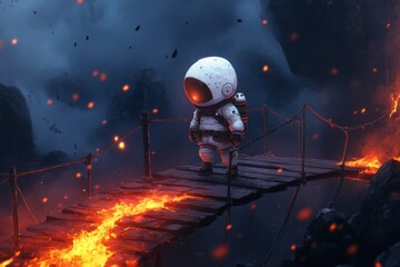 Poster - A pixel art character tentatively crossing a narrow bridge over a lava-filled chasm in a retro-style video game, with animated fire and glowing pixel effects