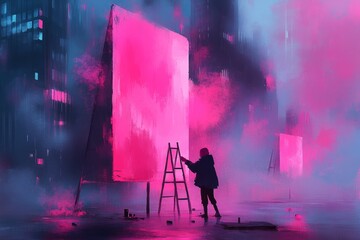 Poster - A pixel art scene of a character replacing a broken ladder with a makeshift rope substitute in a retro video game setting, with vibrant pixelated colors and tools scattered nearby