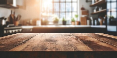 Wall Mural - Wooden table surface in a bright kitchen with sunlight and blurred background, ideal for product placement, Copy Space