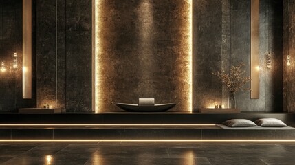 Fototapete - Modern minimalist interior design featuring dark tones, ambient lighting, and a simple decorative arrangement with copy space.