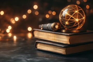 Aufkleber - A shadowy Gothic library with ancient books stacked alongside glowing orbs, each orb connected to its respective book by ethereal light