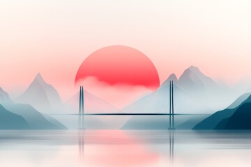 Poster - A simple geometric depiction of a large bridge spanning across a valley, with sharp, clean lines and muted pastel tones