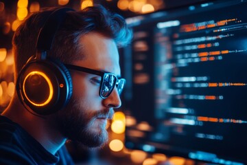 Leinwandbilder - A software developer writing code on a computer, with a project requirement document open on a secondary monitor