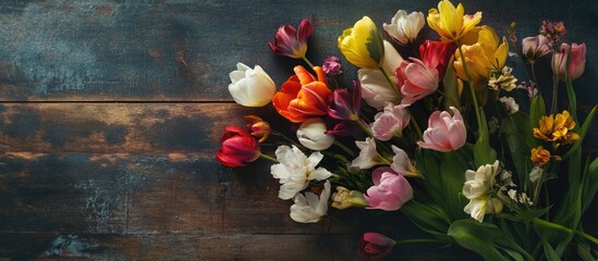 Sticker - Colorful bouquet of tulips on rustic wooden background with Copy Space for text.