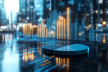 Poster - Dynamic financial data visualization with pie chart and bar graph in a modern city environment