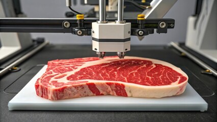 Poster - Robotic machine printing a piece of beef in a specialized research center for food printing, highlighting advancements in meat production and the innovative future of food technology