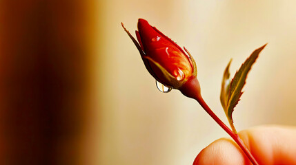 Poster - Delicate Rose Petal Adorned With Dew Against a Soft, Neutral Backdrop Captivates the Senses