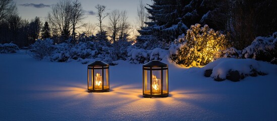 Wall Mural - Snow-covered landscape with two lanterns illuminating a winter evening scene, trees and bushes in the background, Copy Space available.