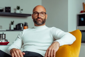 Man relaxing in a modern living room wearing stylish glasses and a white sweater, enjoying a tranquil morning