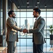 © 현우 홍 - Un empresario hispano confiado le da la mano a un cliente en un lobby corporativo de alto nivel, lo que significa un acuerdo comercial exitoso. El fondo presenta grandes ventanales, vistas a la ciudad
