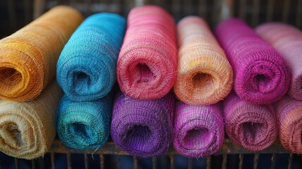 Wall Mural - Colorful rolled textiles on display at a market stall