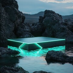 Wall Mural - From a distance, jagged black rocks and a glowing lake frame a triangular podium illuminated by teal neon accents.