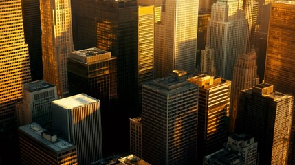 Poster - Warm sunset light illuminating glass and steel skyscrapers in a bustling financial district, casting strong shadows and creating stunning golden reflections across the urban landscape